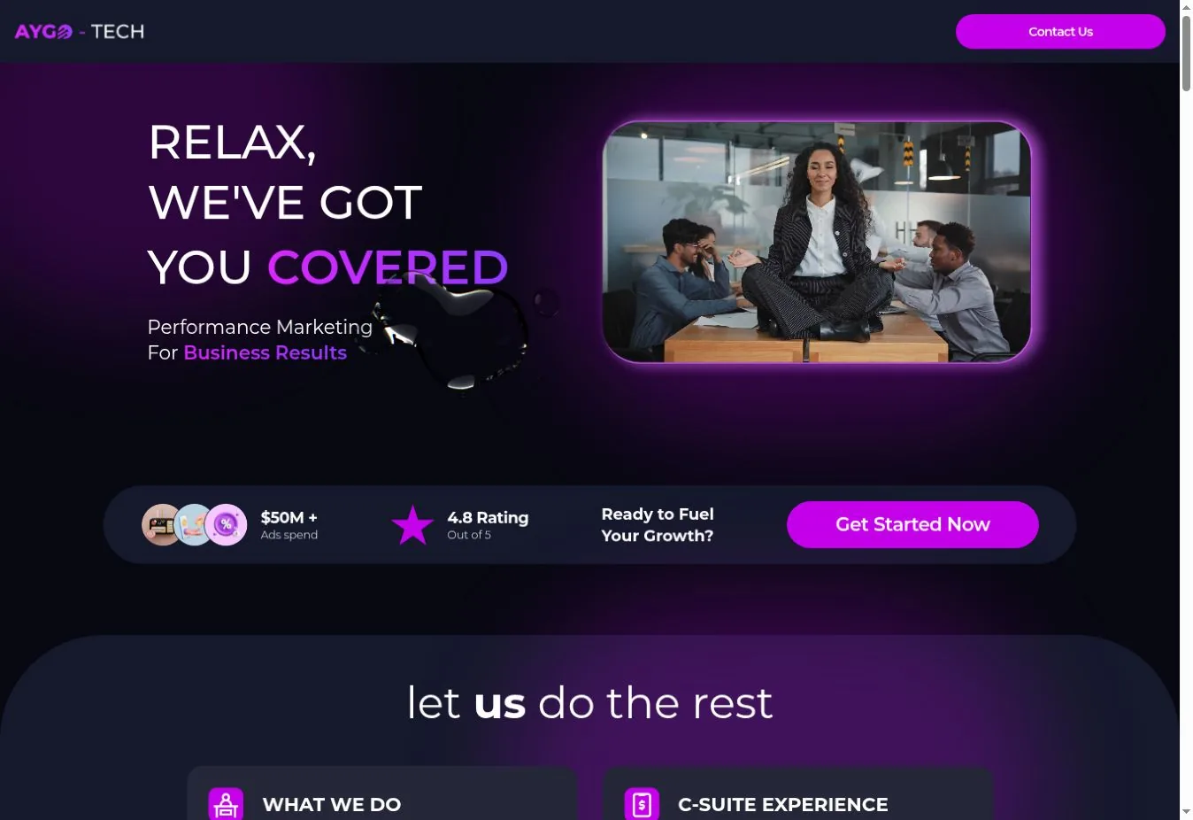 The Aygo Tech home page with the main headline and brand visuals