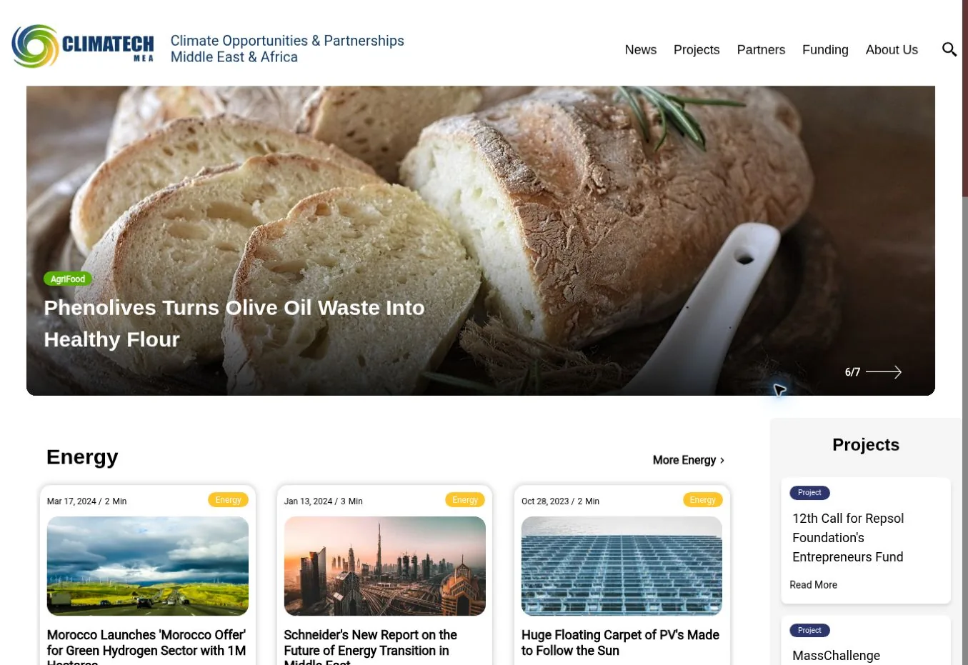 The Climatech MEA portal home page with articles, projects and climate opportunities