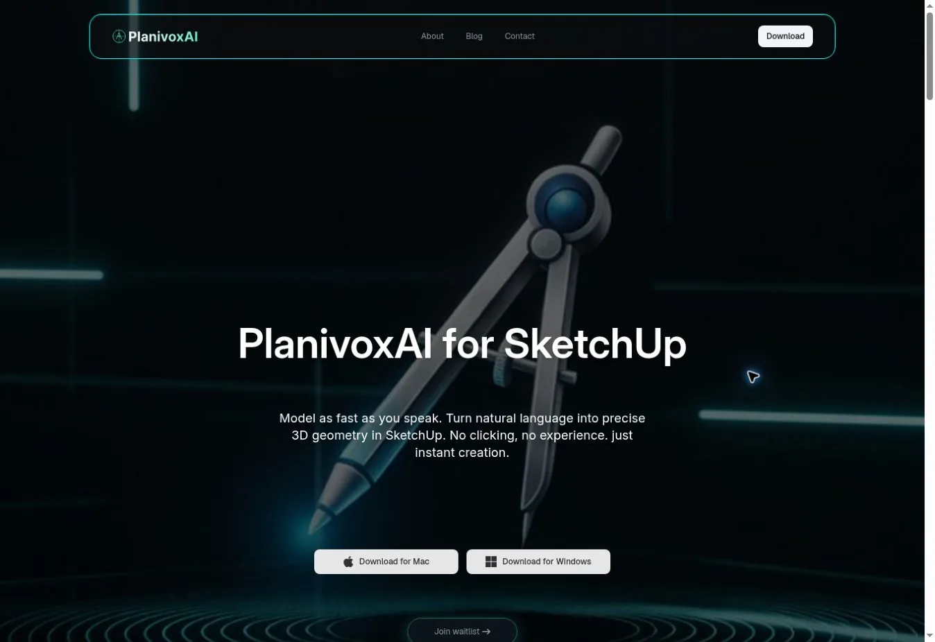 Screenshot of the live PlanivoxAI website presenting a natural-language 3D modeling extension