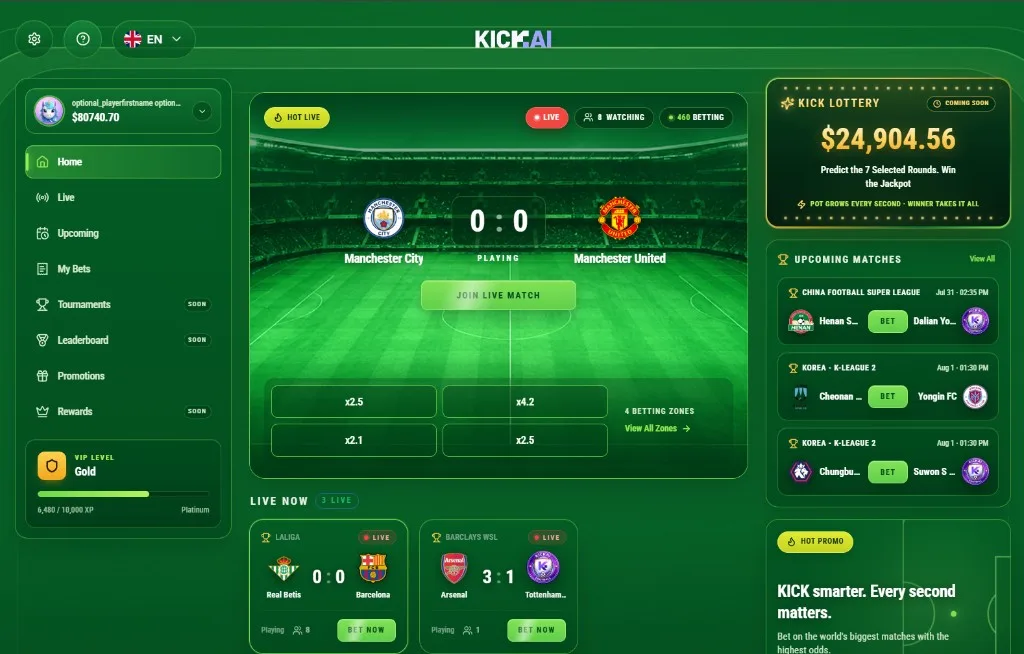 Live matches, open rounds, balance and status — one screen, without ever leaving the broadcast.