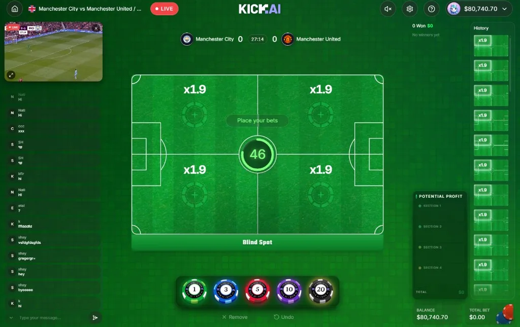 A live KICK AI round: the pitch as the interface, with the open prediction and the live score