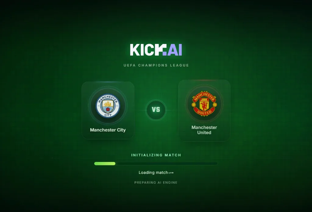 KICK AI match screen while a live round loads: the pitch, the two teams and the countdown to the next prediction