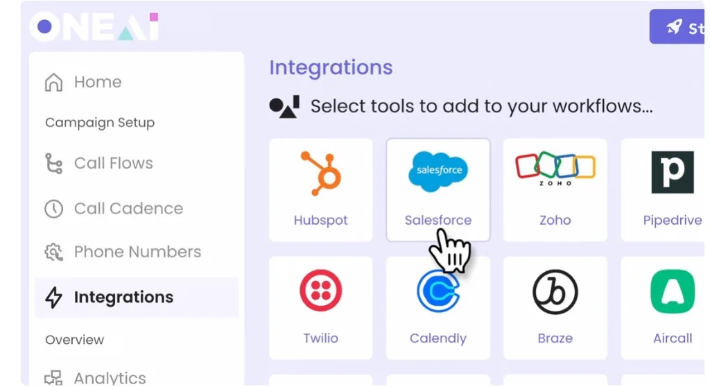 The OneAI campaign workspace: integrations screen with CRM and telephony tools to add to call workflows