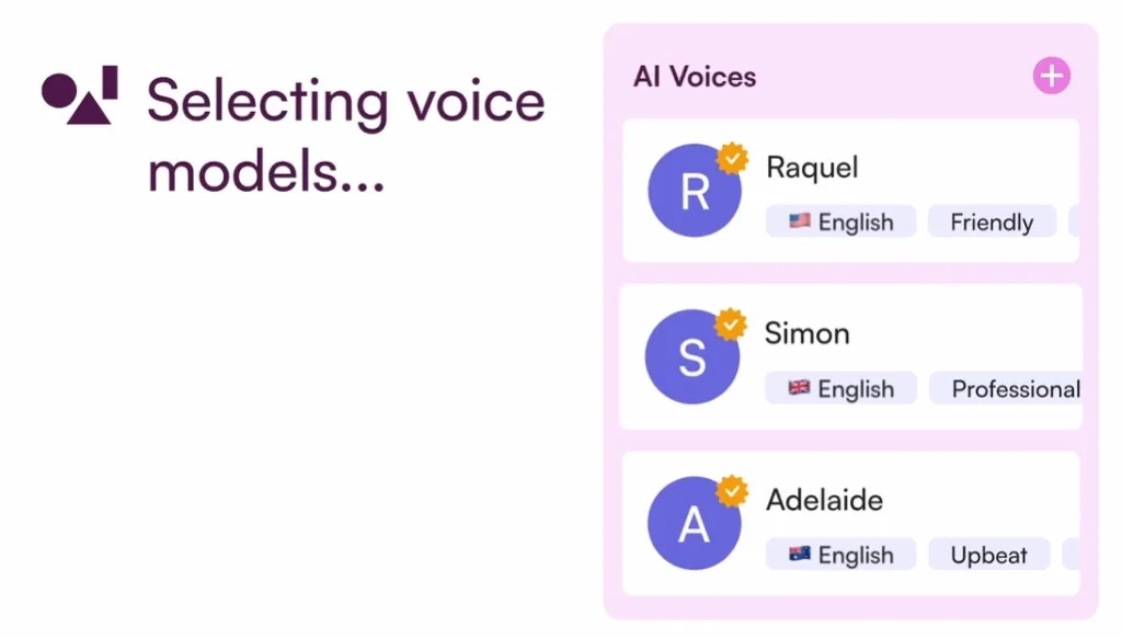 Selecting AI voices in OneAI — English voices in different styles: friendly, professional and upbeat