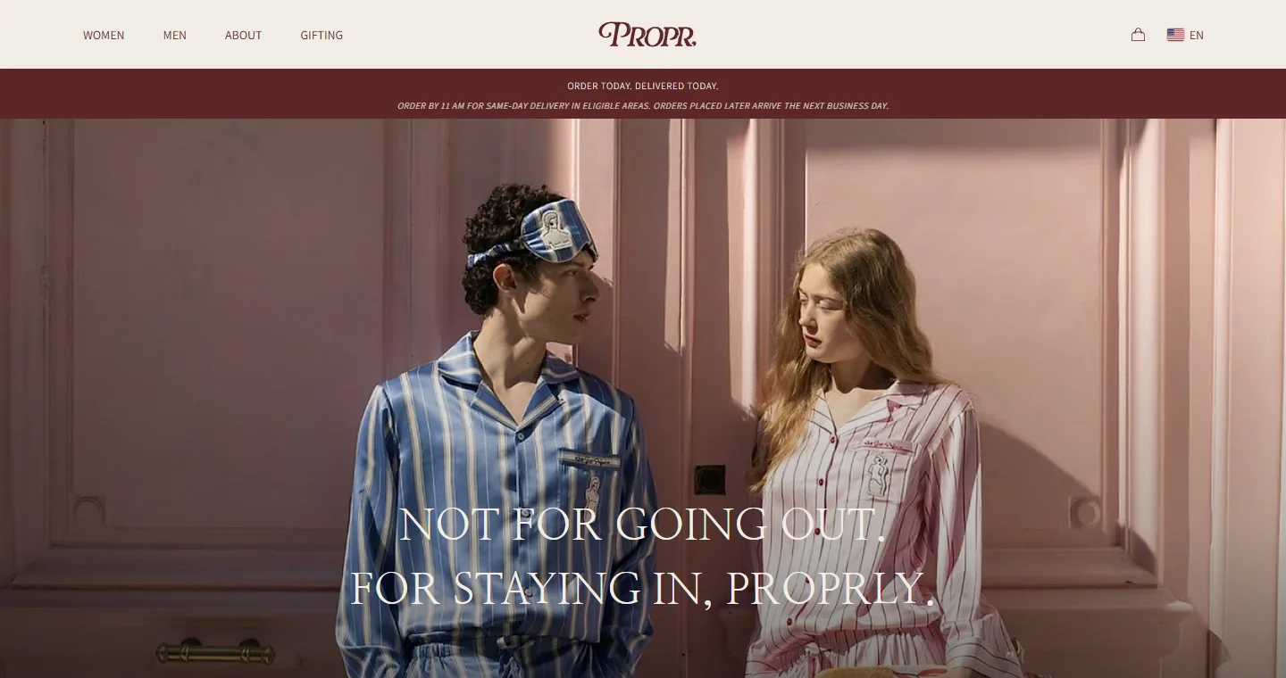 The PROPR home page with navigation and the loungewear collection, plus a same-day delivery announcement