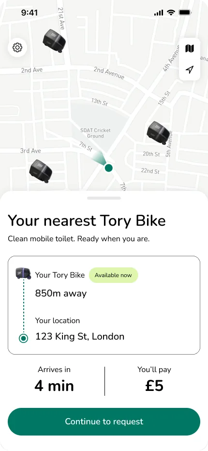 The Tory map and mobile-service ordering screen with arrival time and price