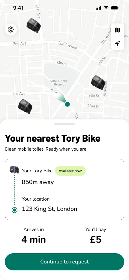 Tory app showing a live job with real-time ETA tracking on the map